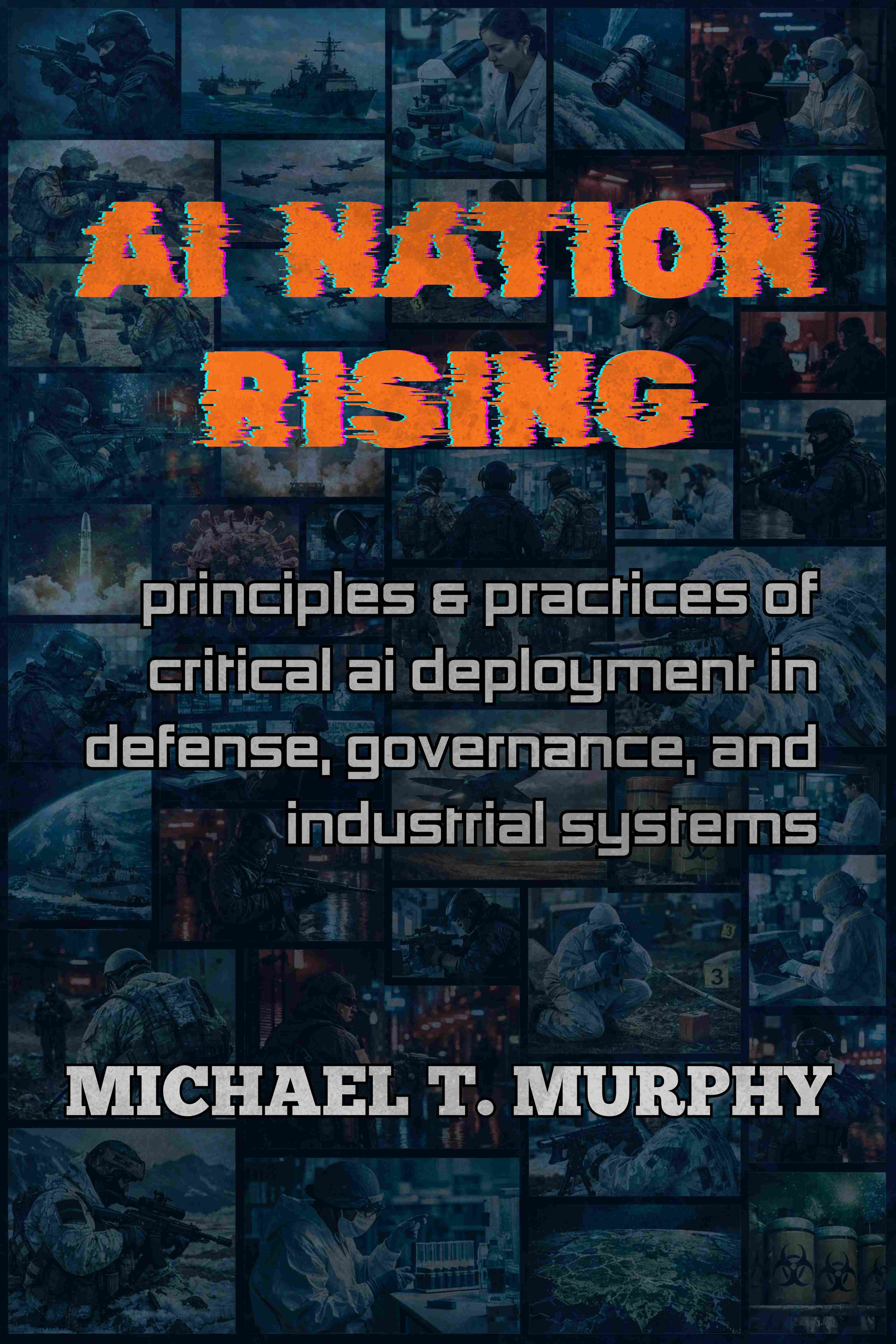AI Nation Rising — Book cover showing military and defense collage with bold orange title text